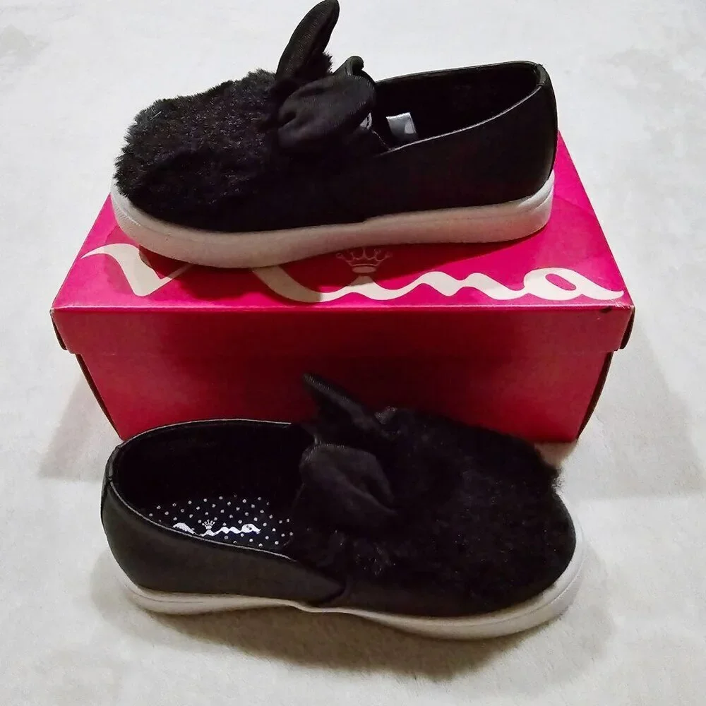 Nina ✦ Bunny Ear Slip-On Shoes ✦ Black Faux Fur Toddler Flats Girls 10 NWT